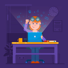 Freelancer working at night concept. Young woman in the room preparing for exams, searching internet or fashion website