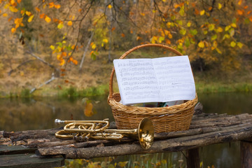 Basket, musical trumpet and notes on the background of the autumn forest