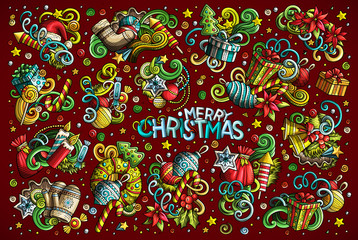 Doodle cartoon set of New Year and Christmas objects