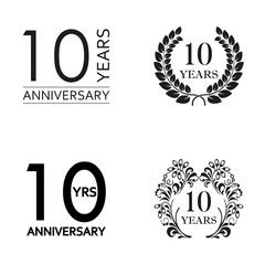 10 years anniversary set. Anniversary icon emblem or label collection. 10 years celebration and congratulation decoration element. Vector illustration.