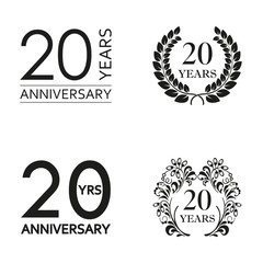 20 years anniversary set. Anniversary icon emblem or label collection. 20 years celebration and congratulation decoration element. Vector illustration.