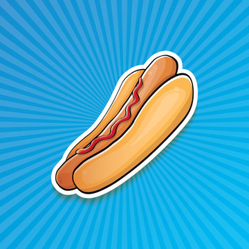 vector cartoon american hotdog sticker on blue background. Vintage hot dog poster or icon design element collection.