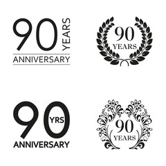 90 years anniversary set. Anniversary icon emblem or label collection. 90 years celebration and congratulation decoration element. Vector illustration.