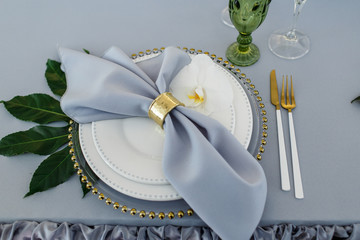 Grey serviette lies on white plate on green tablecloth