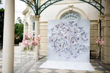 Wall for photos decorated with blue paper butterflies