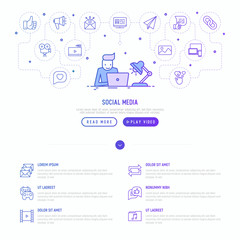 SMM manager is working overtime with laptop and lamp with thin line icons of thumbs up, share, link, send e-mail, music, stream, comment. Vector illustration for template of web page.