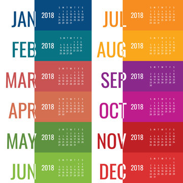 Year 2018 calendar vector template. Modern 2018 calendar. Vector of Calendar 2018 year, 12 month calendar with cover. 2018 Planner - illustration. Vector template of 2018 calendar/planner