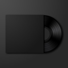 Vector vinyl record on black background. Stylish vinyl with black blank empty cover mockup template with copyspace for your design. - obrazy, fototapety, plakaty