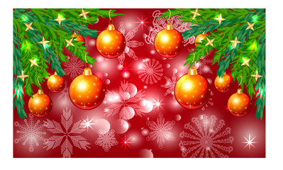 Rectangle red Christmas background with snowflakes, coniferous branches, decorated with red balls, stars