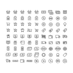 Vector icons set shopping, purchase, sale, discounts, delivery of goods and services on white background.