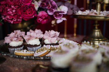 Chocolate cupcakes with creamy pink flowers