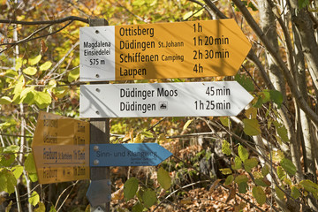 Wanderwegweiser bei der Magdalena-Einsiedelei bei Düdingen, Fribourg / Freiburg, Schweiz