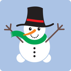 Icon with cute snowman on blue background.