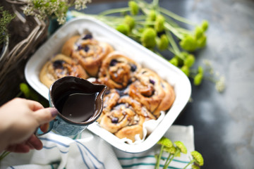 sweet homemade pastries with berries and chocolate.  chocolate in the cup