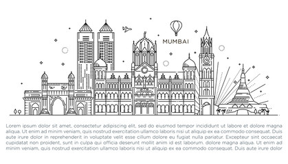Mumbai detailed skyline. Travel and tourism background. Vector background. line illustration. Line art style