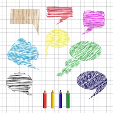 Set of hand drawn colorful speech and thought bubbles on lined paper in cage background.