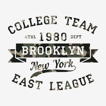 New York, Brooklyn - camouflage typography for design clothes, athletic t-shirt. Graphics for print product, apparel. Badge for sportswear. Vector illustration.