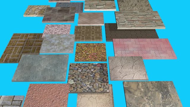 Assortment of stone, marble floor , wall tiles. Camera fly over. 3d animation
