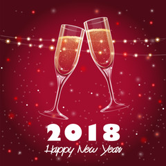 2018 Happy New Year greeting cards with two champagne glasses and decorations, vector illustration