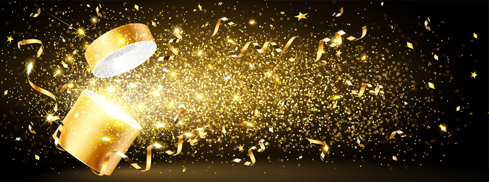 Golden gift with confetti