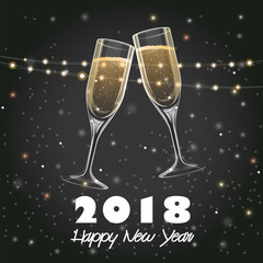 2018 Happy New Year greeting cards with two champagne glasses and decorations, vector illustration