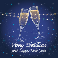 Merry Christmas and Happy New Year greeting cards with two champagne glasses and Christmas decorations, vector illustration