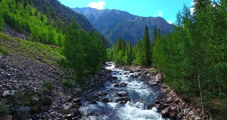 White-Water Creek Surrounded By Green Pines - Approaching Aerial View - Ten Mile Creek, Colorado, USA