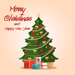 Merry Christmas and happy new year greeting card with decorated Christmas tree, vector illustration