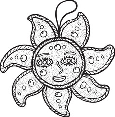 Christmas decoration for christmas tree - sun. Doodle illustration for coloring book for adults