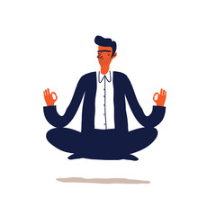 Businessman meditation in office.  Young man relaxing in lotus position. Cartoon Vector illustration. - 178370619