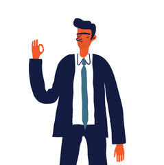 Businessman showing a okay hand sign. Cartoon businessman character. Vector illustration. - 178370624