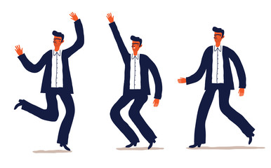 Set of businessman character with different poses. Employee running, jumping, dancing. Cartoon vector illustration. - 178370659