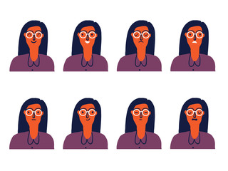 Set of woman's emotions. Facial expression. Creative female avatar. Vector illustration.