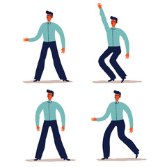 Fototapeta na wymiar Set of businessman character with different poses. Employee running, jumping, standing, dancing, presenting. Cartoon vector illustration.