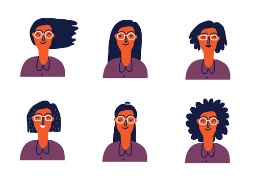 Cartoon illustration of a  young woman with various hair style. Facial expression. Creative woman avatar. Vector illustration.