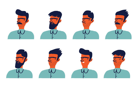 Cartoon illustration of a handsome young man with various hair style and beard. Facial expression. Creative man avatar.  Vector illustration.