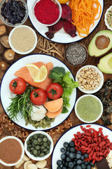 Brain health food concept with fish, vegetables, seeds, nuts, berry fruit, herbs, supplement...