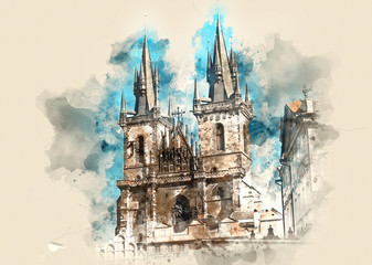 Architecture and landmark of Prague, postcard of Prague. Prague Old Town Square and Church of Mother of God. Watercolor background