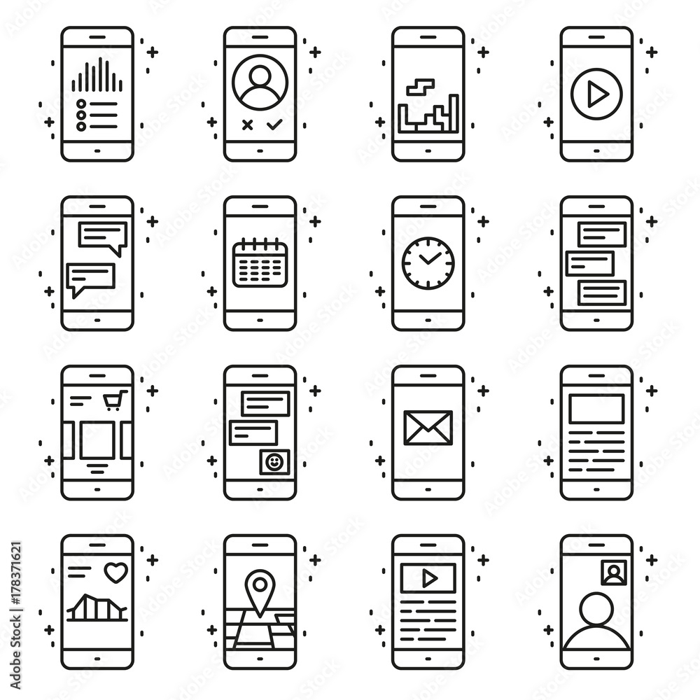 Aufkleber smart phone functions and apps vector icon set in outline style. mobile collection sign line illustr