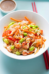 Crayfish edamame carrot noodle salad with dressing