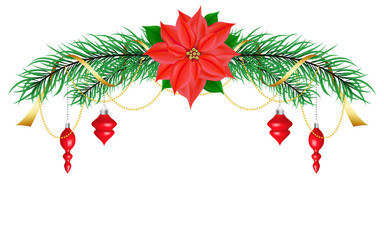 Christmas decorations - poinsettia, red toys with gold beads and tapes. Bright Christmas wreath.