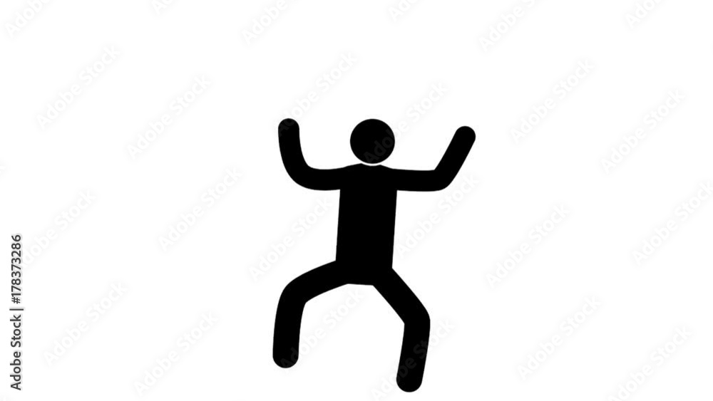 Sticker happy pictogram man dances with joy with his hands up. loop animation with included alpha channel.