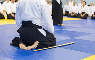 People in kimono sitting on tatami on martial arts weapon training