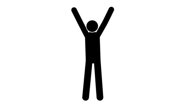 Pictogram man joyful gesture hands up. Loop animation with  included alpha channel.
