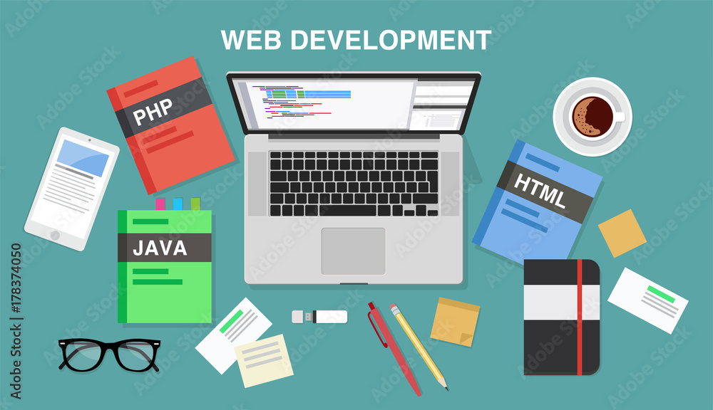 Poster web development, top view of a desk with a computer, notepad, programming books, smartphone, pens an