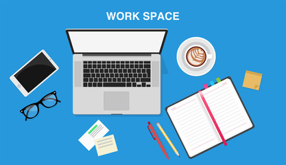 Work space, top view of a desk with a computer, notepad, coffee cup, smartphone, pencil. Vector illustration in flat style, template for business