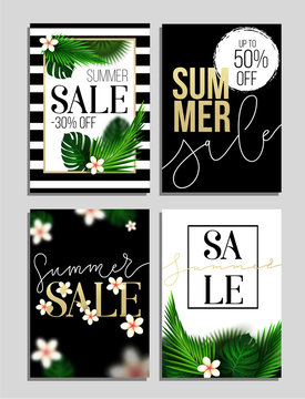 Set of summer sale banners. Summer web poster designs set.  bBanners with tropical leaves, summer sale trendy design.