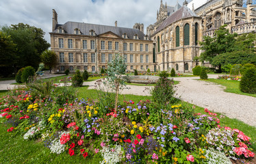 Park with flowers outside the cathedral in Reims
