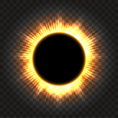 Total solar eclipse vector illustration on transparent background. Full moon shadow sun eclipse with corona