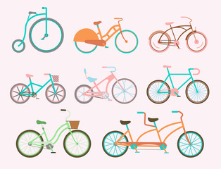 Fototapeta premium Vector bicycles vintage style old bike transport retro ride vehicle summer cycle transportation illustration